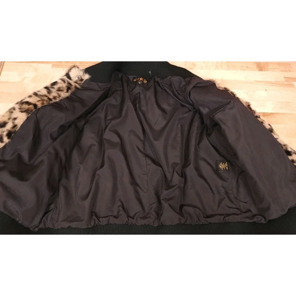 Metric Knits Dyed Rabbit Fur Leopard Bomber Snap‎ Jacket Size Medium